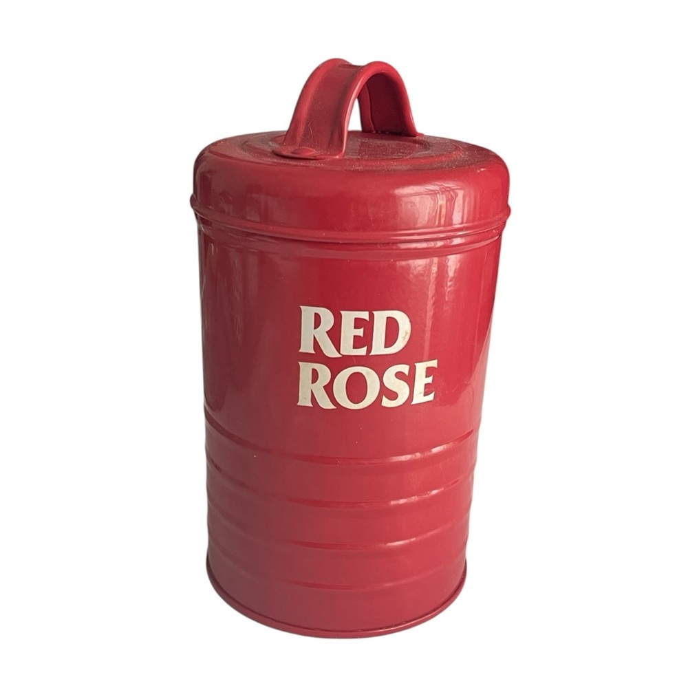 Vintage Red Rose Tea Storage Red Tin with Lid 6”